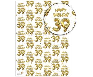 Brainbox Candy 39th Birthday Wrapping Paper - 2 Sheets of Premium White & Gold Foil Effect Gift Wrap - Unisex Design