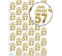 Brainbox Candy 57th Birthday Wrapping Paper - 2 Sheets of Premium White & Gold Foil Effect Gift Wrap - Unisex Design
