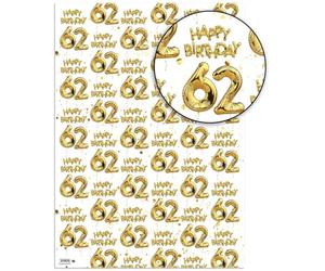 Brainbox Candy 62nd Birthday Wrapping Paper - 2 Sheets of Premium White & Gold Foil Effect Gift Wrap - Unisex Design