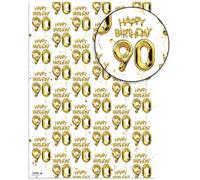 Brainbox Candy 90th Birthday Wrapping Paper - 2 Sheets of Premium White & Gold Foil Effect Gift Wrap - Unisex Design