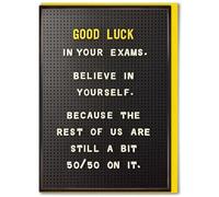 Brainbox Candy - Funny Good Luck Exams Card - 'Believe In Yourself' - Cheeky 50/50 Joke - Retro Letter Board Design - Novelty Greeting Card For Him Her Friends - Blank Inside