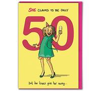 Brainbox Candy - Hilariously Funny 50th Birthday Card - 'Claims To Be 50' - Age 50 - Fiftieth Birthday - Silly Cheeky Cards For Her Ladies Women Friends