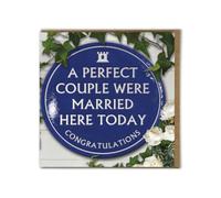 Brainbox Candy - Pretty Wedding Card - 'A Perfect Couple Were Married Here Today' - Wedding Congratulations Card for Newlyweds - Quality Embossed Blue Heritage Plaque Design - Blank Inside
