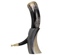 Brainmart Genuine Ox-Horn Viking Drinking Horn with Brass Rim & Tip | Hand-Carved Flower Engraving | 12-Inch High Polish | Includes Stand - Classic Medieval Horn