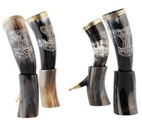 Brainmart Viking Drinking Horn - 12 Inch with Stand & Brass Rim | Authentic Handmade Ox Horn Cup | Thor Engraved | Food-Grade, Polished Finish | Unique Mug, - Gift for Men (4 Piece Set)