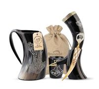 Brainmart Viking Drinking Horn Mug Set - 5-Piece Collection with 16oz Thor Engraved Mug, Shot Cup, Bottle Opener & Drinking Horns with Stand - Norse Cup Gift Set