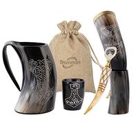 Brainmart Viking Drinking Horn Mug Set - 5-Piece Collection with 16oz Thor Engraved Mug, Shot Cup, Bottle Opener & Drinking Horns with Stand - Norse Cup Gift Set
