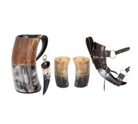 Brainmart Viking Drinking Horn Mug Set | 7-Piece Collection with 16oz Dire Wolf Engraved Mug, Shot Cups, Bottle Opener, Leather Strap, Belt Holster & Drinking Horns | Norse Gift for Men