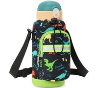 BrainyBees Water Bottle Carrier for Kids - Water Bottle Holder with Strap, Boys Water Bottles Sling Bag for 10/12/14/16/18Oz Water Bottles Walking Hiking Trip Camping, Black Dinosaur