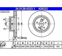 ATE Front Vented Brake Disc 24.0128-0223.1 - Fits Megane II, Clio III, Grand Scenic II (7701208130)