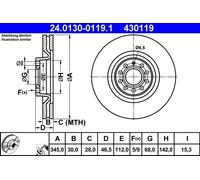 ATE Brake Disc 24.0130-0119.1 - Vented - for Audi A4 B6/B7