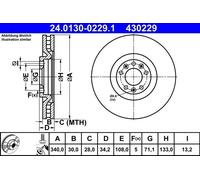 2x Brake disc Vented 24.0130-0229.1 ATE for PEUGEOT RCZ