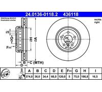 ATE Brake Disc 24.0136-0118.2 - Front Right - Fits BMW F01 F02 F03 F04 F10 F11 F12 F13 F06 F07