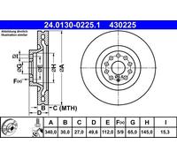 1X Brake disc ATE 24.0130-0225.1 for VW CC B7 (358) 2 2011-2016