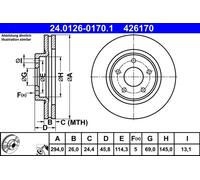2x Brake disc Vented 24.0126-0170.1 ATE for MITSUBISHI CHRYSLER JEEP PEUGEOT