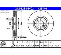 ATE Front Brake Disc 24.0126-0140.1 - Citroen C4/C4 Picasso I/C4 Grand I, Peugeot 307 (2003-2007)
