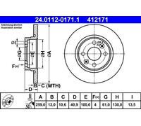 ATE Brake Disc 24.0112-0171.1 259 mm 12 mm 4x100 Solid Coated for Renault Twingo / Smart