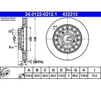 ATE Brake Disc - Rear Vented 24.0122-0212.1 for Audi A8 / VW Phaeton (4E0615601A)