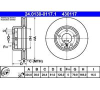 2x Brake disc Vented 24.0130-0117.1 ATE for BMW 7