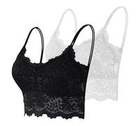 Bralettes for Women Plus Size 2PC Padded Camisole Bras Hollow Out Mesh Bandeau Sleeping Bra with Spaghetti Straps Sexy V Neck Crop Vest Tops Basic Non Wired Comfy Going Out Lingerie Outfits Black Cami