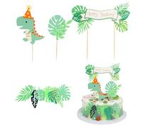 Bralucy Dinosaur Birthday Cake Toppers Set Leaf Happy Birthday Cake Banner Dinosaur Theme Birthday Cake Decorations for Boy Girl Baby Shower (Greey)
