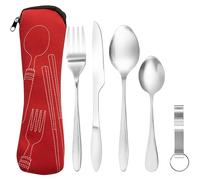 Bramble - 5 Piece Premium Stainless Steel Portable Cutlery Set with Pouch Case, Outdoor Travel Camping Utensil Set - Red