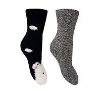 Bramble Ladies - Animal - Fluffy Cosy Socks| 2 Pair | U.K. Size 4-7 | fluffy, non-slip, lounge, slipper sock (UK, Numeric, 4, 7, Regular, Regular, Black Grey Penguin)