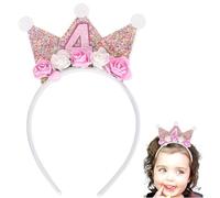 BrambleCo 4th Birthday Crown for Girls - Glitter Flower Tiara Headband - Ideal for Birthday Decorations, Party Dress-Up & Photo Props - Wonderful Gift for 4-Year-Old Princess Celebrations (Pink)
