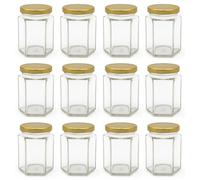 Bramley & Sage 190ml 8oz Hexagonal Jam Jars with Twist-Off Gold Lids (Set of 12)