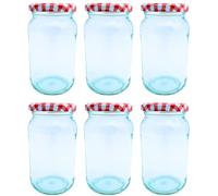 Bramley & Sage 375ml 1lb Round Glass Jam Jars with Red Gingham Twist-Off Lids (Set of 6)