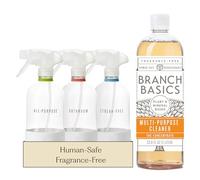 Branch Basics Glass Cleaning Essentials Kit: All Purpose Cleaner, Glass Cleaner & Bathroom Cleaner - Concentrate (33.8 Oz) + Glass Spray Bottles for Cleaning (24