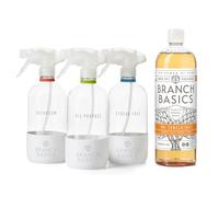 Branch Basics Glass Cleaning Essentials Kit: All Purpose Cleaner, Glass Cleaner & Bathroom Cleaner - Concentrate (33.8 Oz) + Glass Spray Bottles for Cleaning (24