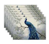 Branch Blue Peacock Table Fabric Placemats Set of 4, Durable Machine Washable Reusable Vintage Animal Cotton Linen Non-Slip Table mats for Party Holiday Decor and Everyday Use (45x30cm, Blue)