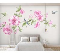 Branch Green Leaf Pink Flower Bird 3D Wallpaper Premium Textured Silk Study Dining Living Room Bedroom Sofa TV Wall Easy Install-150cm×105cm