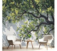 Branches and Green Leaves Wallpaper - White Brick Wall Self-Adhesive, Removable, and Easy to Apply for Living Room, Kitchen, Or Bathroom (350×256 Cm, Mixed Colors)