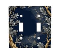 Branches Double Light Switch Cover Plate, Elegant Nature-Inspired Leaves Gold Accents Fall Navy Blue Plastic Standard Size Switch Plate Decorative for Living Room Bedroom Home Office Decor