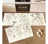 Branches Leaves Kitchen Rug Mat Sets, 2 Pieces 43x75cm+43x150cm Non Slip Washable Kitchen Runners Mat Weeping Willow Hummingbird Stain-Resistant Floor Carpet for Laundry Room Hallway Entrance, Cream