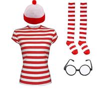 Brand G® Women's Girls Red & White Striped Wally Fancy Dress Book Day Costume - Ladies Short Sleeve Stripe T-Shirt, Santa Hat, OTK Socks, & Nerd Glasses 4 Pcs Hen Night Set-XL