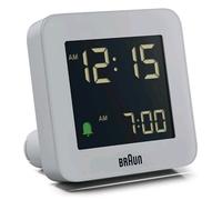 Braun Digital Alarm Clock with Snooze, Negative LCD Display, Quick Set, Crescendo Beep Alarm in Grey, model BC09G.