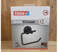 tesa MOON toilet paper holder in brushed graphite - self-adhesive roll holder without lid, made of PVD-coated metal - drill-free, incl. adhesive solution - 99 mm x 140 mm x 53 mm
