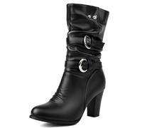 Brand Pleated Slouch Boots Ankle High Block Heel Dressy Motorcycle Booties Heels Buckle Belt Rivets Chain Combat Boots Plus Black Size 47