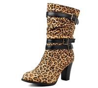 Brand Pleated Slouch Boots Ankle High Block Heel Dressy Motorcycle Booties Heels Buckle Belt Rivets Chain Combat Boots Plus Leopard Size 47
