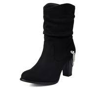 Brand Pleated Slouch Boots Ankle High Block Heel Dressy Motorcycle Booties Heels Buckle Belt Rivets Chain Combat Boots Plus Suede-Black Size 47