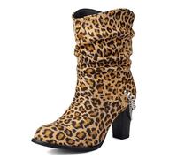 Brand Pleated Slouch Boots Ankle High Block Heel Dressy Motorcycle Booties Heels Buckle Belt Rivets Chain Combat Boots Plus Leopard Size 47