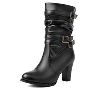 Brand Pleated Slouch Boots Ankle High Block Heel Dressy Motorcycle Booties Heels Buckle Belt Rivets Chain Combat Boots Plus Black Size 47