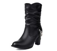 Brand Pleated Slouch Boots Ankle High Block Heel Dressy Motorcycle Booties Heels Buckle Belt Rivets Chain Combat Boots Plus Matte-Black Size 47
