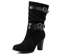 Brand Pleated Slouch Boots Ankle High Block Heel Dressy Motorcycle Booties Heels Buckle Belt Rivets Chain Combat Boots Plus Suede-Black Size 47