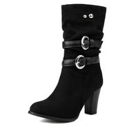 Brand Pleated Slouch Boots Ankle High Block Heel Dressy Motorcycle Booties Heels Buckle Belt Rivets Chain Combat Boots Plus Suede-Black Size 47