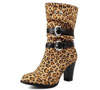 Brand Pleated Slouch Boots Ankle High Block Heel Dressy Motorcycle Booties Heels Buckle Belt Rivets Chain Combat Boots Plus Leopard Size 47