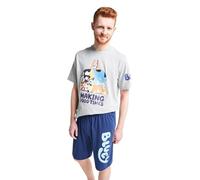 Brand Threads Bluey Mens Short Pyjama Set - 2 Piece Grey Marl Crew Neck T-Shirt And Navy Shorts Bluey Graphic Elasticated Waist Pull On Fit Short Sleeve Nightwear Set